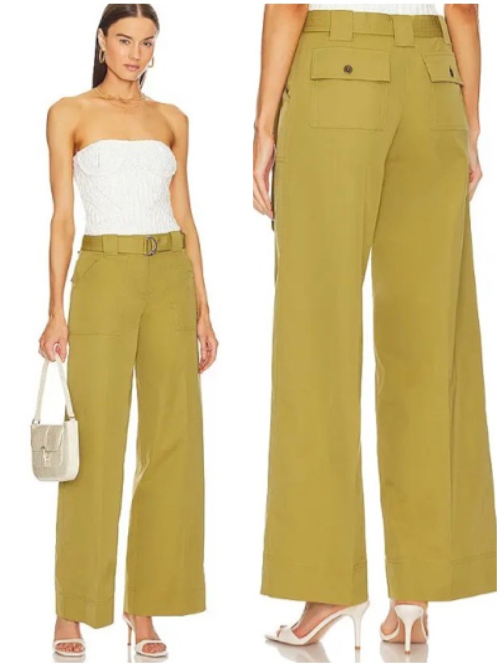 NWT New L'Academie Kjera Wide Straight Leg Belted Pants Olive Lime Green [CH]